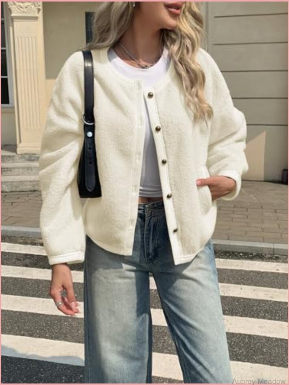 Cropped Sherpa Fleece Button Jacket Casual Relaxed Fit - Picture 4 of 7